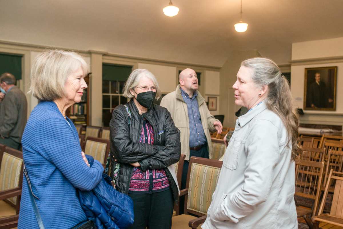 Former HLCT board members Ginger Winslow (LEFT) and Kathy Reardon (CENTER) chat with Brigitte Lehner Kinsbury, whose mother Monique was remembered during the program
